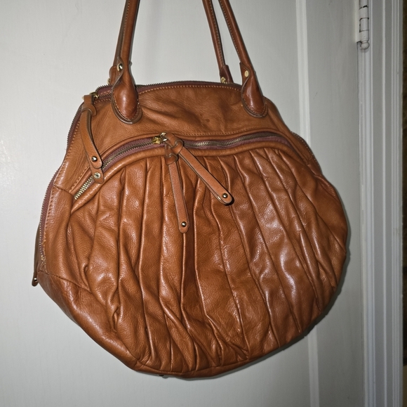 Sabina New York Brown Leather Hobo Handbag Pleated Rounded Zippers 18x13" - Picture 6 of 13